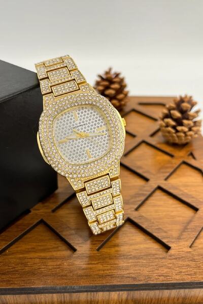 UBUH SHOP Iced Out Gold Kare Full Zirkon Taşlı Unisex Çelik Kol Saati