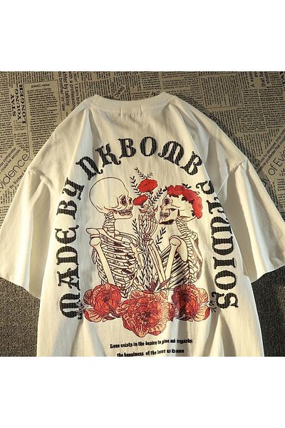 Touz Λευκό μπλουζάκι Unisex Oversize - Skulls In Love & Roses Back Printed