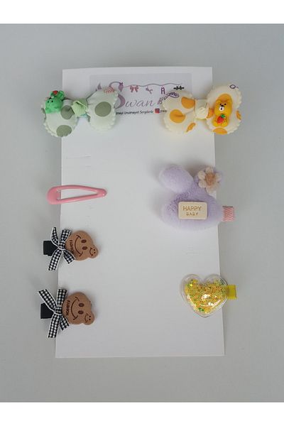 swan butik Swan Butuik Girl Child Baby Buckle Set Bow Furry Rabbit Smiling Face Transparent Heart Buckle Set 7 Pcs
