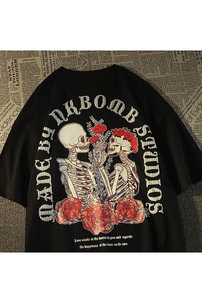 Touz Skulls In Love & Roses Back Printed Black Unisex Oversize μπλουζάκι