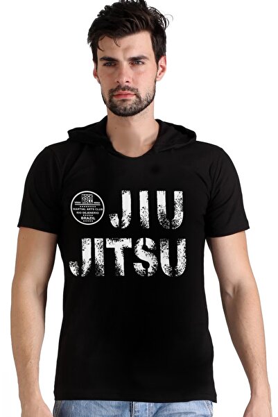 ROCKANDROLL Jiu Jitsu Siyah Kapüşonlu Kısa Kollu Erkek T-shirt