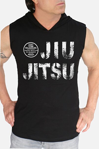 ROCKANDROLL تي شيرت جيو جيتسو أسود بغطاء للرأس، بدون أكمام للرجال