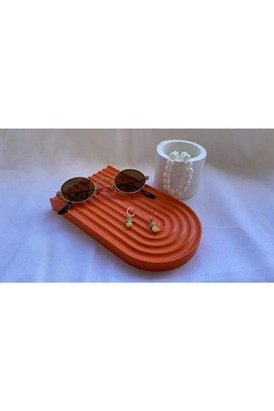 haziran shop Decorative Geometric Striped Concrete Plate Concrete Jewelry Plate Candle Plate Organizer