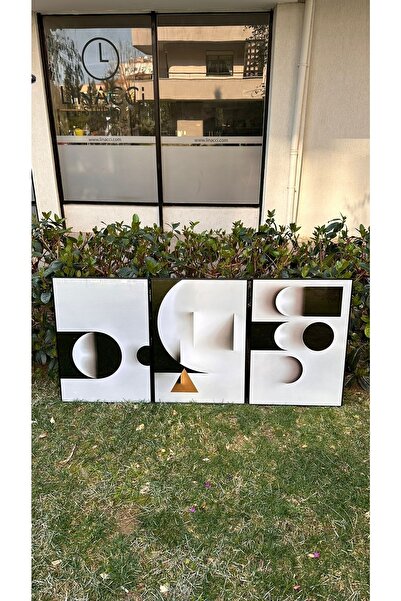 Linacci Üçlü Siyah Alüminyum Metal Çerçeveli Dairesel Siyah Beyaz Camlı Poster Tablo Seti