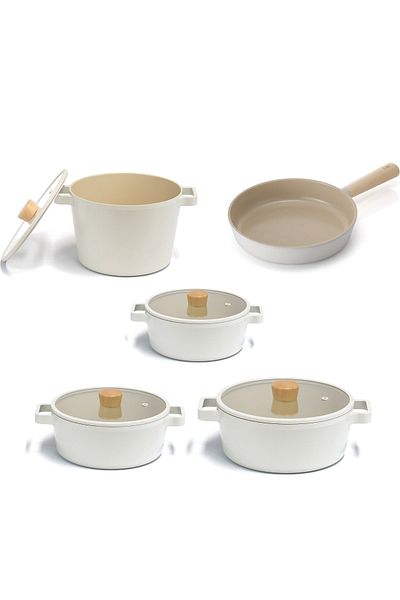 NEOFLAM Fika Aluminum Cast Glass Lid 9 Piece Cookware & Pan Set Beige 18c22k22d24k24t