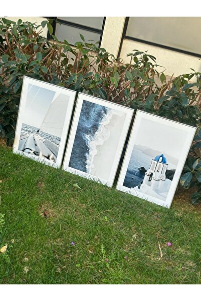 Linacci Triple Silver Aluminum Metal Framed Architectural Windmill Poster Painting Set with Blue Glass