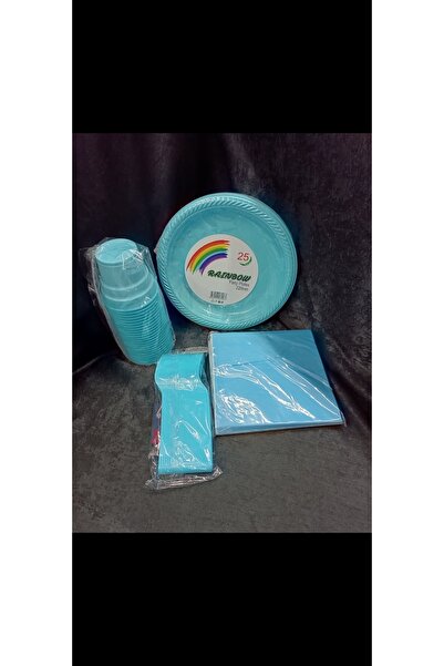 TÇ TASARIM Plastik Tabak Bardak Çatal Peçete Seti 25 Adet Mavi Renk