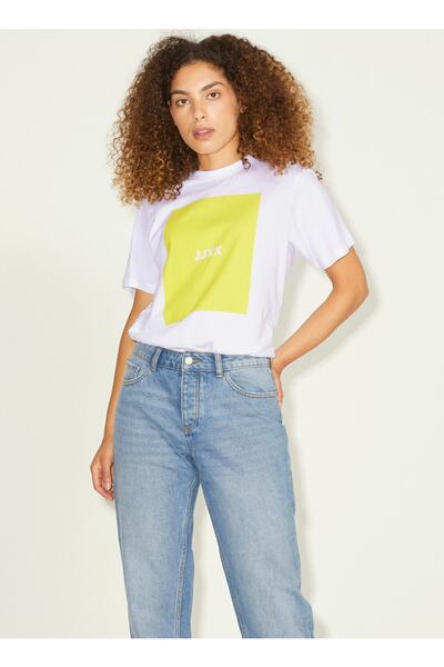 JJXX Bisiklet Yaka Baskılı Ekru Kadın T-shirt 12204837