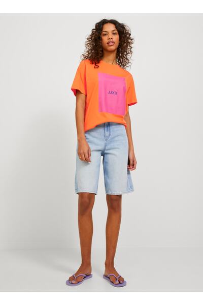 JJXX Bisiklet Yaka Baskılı Turuncu Kadın T-shirt 12204837