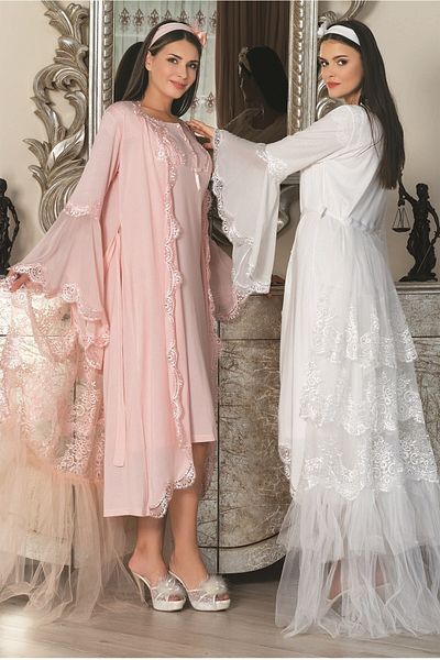 Mecit Pijama Mecit 5026 Νυχτικό εγκυμοσύνης και Σετ Πρωινού - Λεπτομέρεια από τούλι σε σκόνη