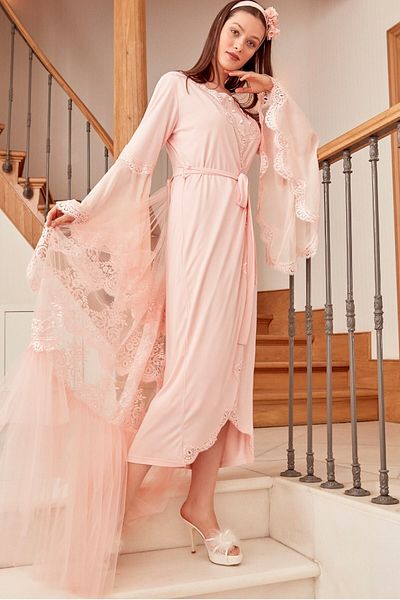 Mecit Pijama Mecit 5026 Νυχτικό εγκυμοσύνης και Σετ Πρωινού - Λεπτομέρεια από τούλι σε σκόνη