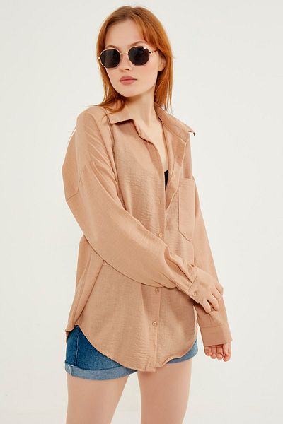 MEECY Damen Leichtes Oversize-Leinenhemd in braun