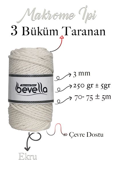 Bevella Macrame Cord 3 Περιστρεφόμενο Βαμβακερό Σχοινί Μακραμέ 3mm Τρία Περιστρεφόμενο Σχοινί Μακραμέ Σχοινί 500 Γρ.