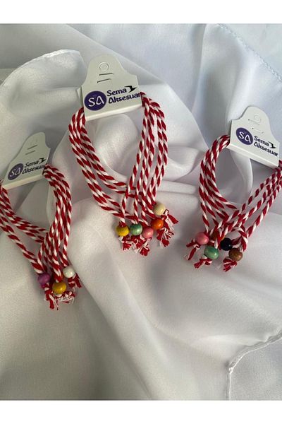 sema aksesuar 15-Piece Marteniçka Red and White Lucky Bracelet - March String Wish Bracelet - Colorful Wooden Beads