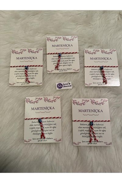 sema aksesuar Marteniçka Red and White Lucky Bracelet with 5 Cards - Mart String Wish Bracelet - Evil Eye Beaded