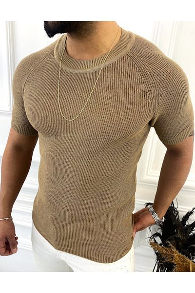 elkumoda Πλεκτό Τρίκo Τι-Σερτ Κοντό Μανίκι Τρίκo Slim Fit Στενή Γραμμή Τι-Σερτ