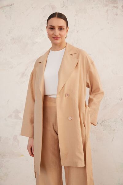 Aker Rahat Kesim Beli Kuşaklı Keten Ceket