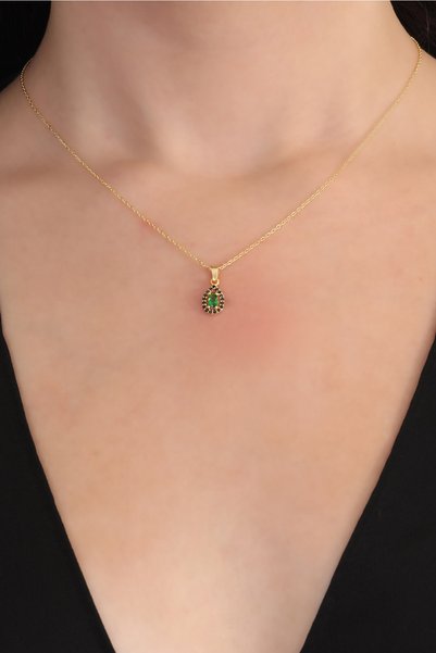 Bilsen Store 925 Ayar Gümüş Altın Kaplama Zümrüt Siyah Taşlı Damla Kolye