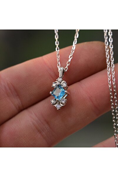 Moko Art Design Prenses Kesim Akuamarin Ve Mozanit Taşlı 925 Gümüş Kolye