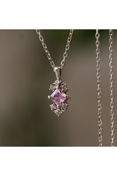 Moko Art Design Prenses Taşlı Pembe Kuvars Ve Mozanit Taşlı 925 Gümüş Kolye