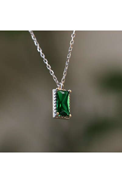 Moko Art Design Baget Kesim Lab. Zümrüt Taşlı Minimal 925 Gümüş Kolye