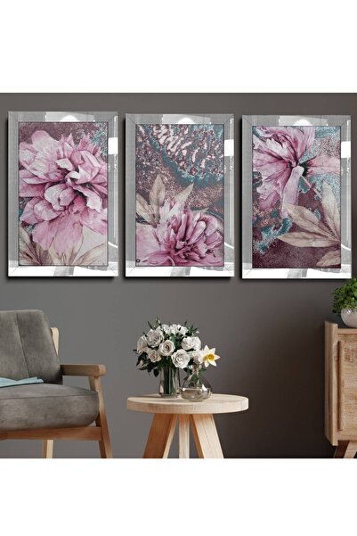 YOKTAYOK Modern Pembe Çiçekler 3lü Tablo