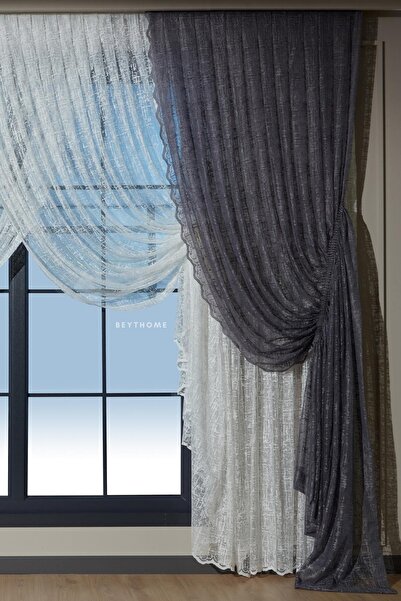 Beythome Antrasit Gri Büzgülü Kruvaze Tül Fon Perde