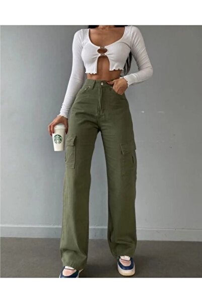 Lalove Pantaloni cargo largi de damă kaki cu talie înaltă