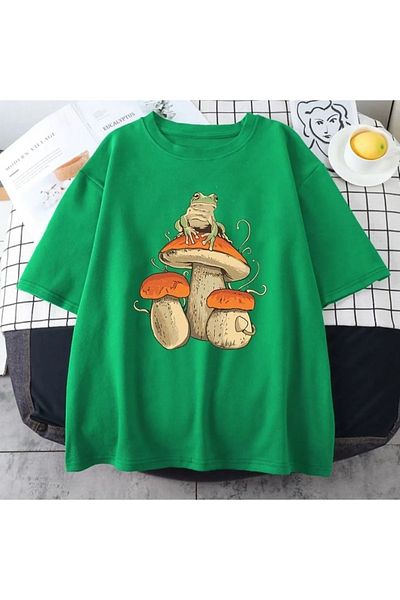 Keywest Μπλουζάκι μεγάλου μεγέθους Frog Mushroom Printed Crew Neck Oversize