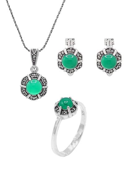 Midyat Nurtaş Gümüş Zümrüt Ve Markazit Taşlı 925 Ayar Gümüş Üçlü Set 201021930