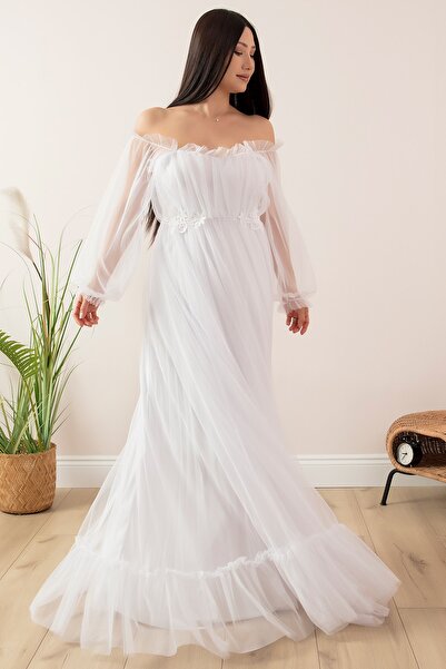 PULLIMM Long Tulle Evening Dress - Lace Detailed, Model 13326