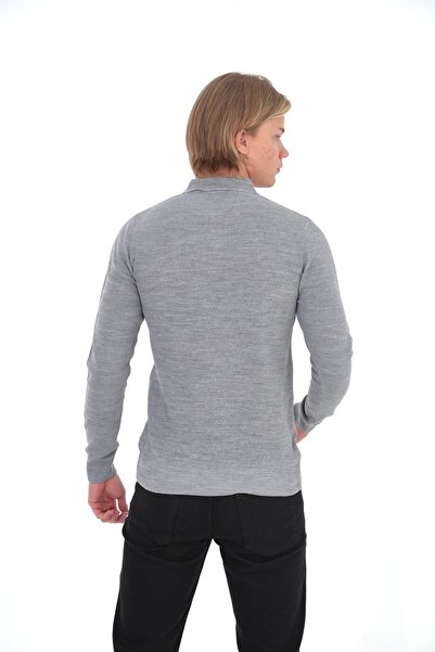 ELM WEAR Polo Neck Button Detailed Knitwear Sweater - Gray Melange