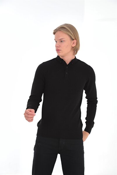 ELM WEAR Polo Neck Button Detailed Sweater - Gray Black