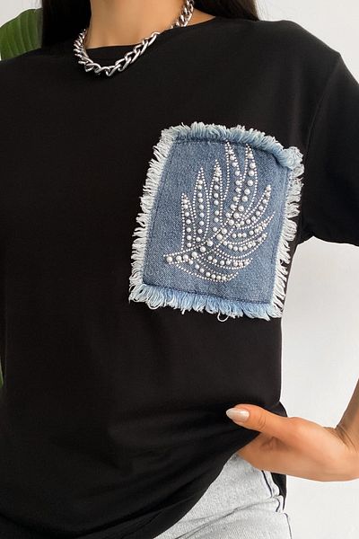 FEMELLE Tricou din bumbac, detaliat cu mărgele capse, cu buzunar, negru, sezon nou
