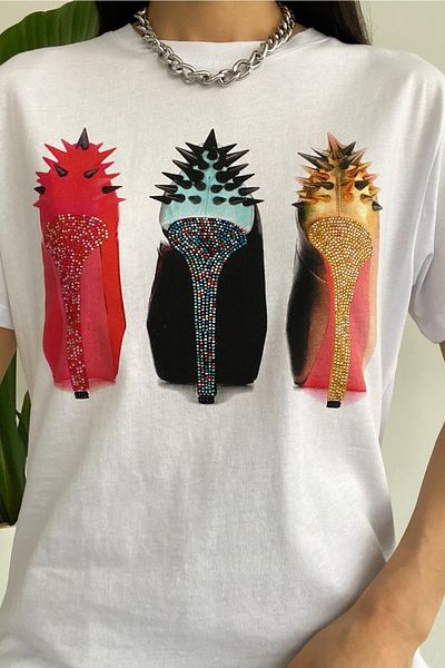 FEMELLE Tricou din bumbac cu paiete, alb, cu toc, sezon nou