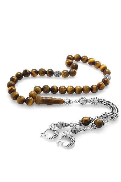 Tesbihane Non-Tarnish Metal Tasseled Globe Cut Turtle Eye Natural Stone Rosary101000265