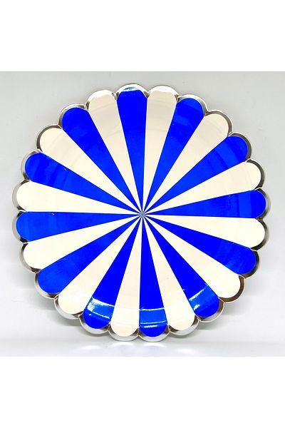 Mare Karnaval Striped Silver Gilded Blue-white Cardboard Party Plate 8 Pieces-18cm