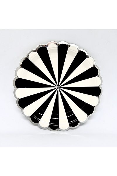 Mare Karnaval Striped Silver Gilded Black-white Cardboard Party Plate 8 Pieces-18cm