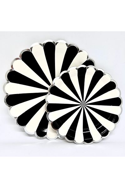Mare Karnaval Striped Silver Gilded Black-white Cardboard Party Plate 8 Pieces-18cm
