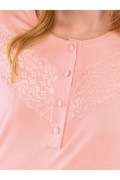 Aydoğan Lacy Cotton Nightgown - Long Sleeve, Powder Color, 115 cm Length