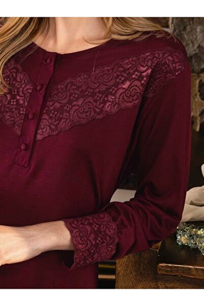 Aydoğan Women's Lace Long Sleeve Cotton Fabric Nightgown Burgundy Color (115 Cm Length)
