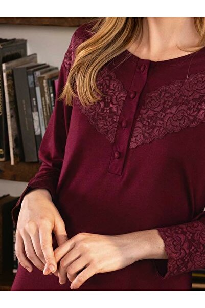 Aydoğan Women's Lace Long Sleeve Cotton Fabric Nightgown Burgundy Color (115 Cm Length)