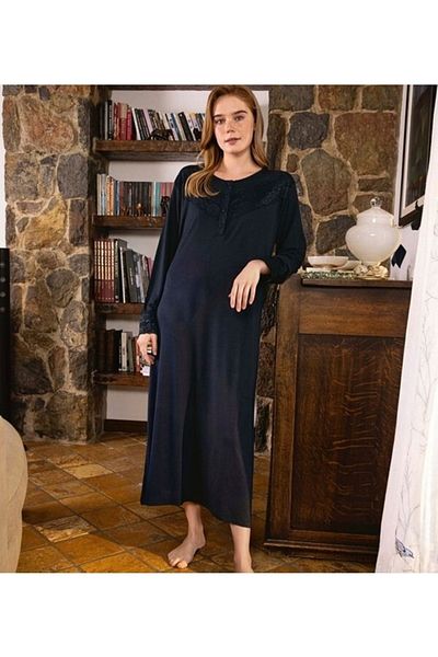 Aydoğan قميص نوم نسائي من القماش القطني بأكمام طويلة من الدانتيل لون أزرق داكن (طول 115 سم)