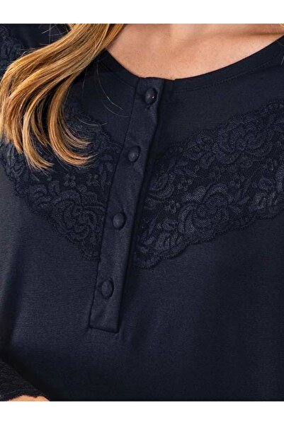 Aydoğan Women's Lace Long Sleeve Nightgown Navy Blue Color (115 cm Length)