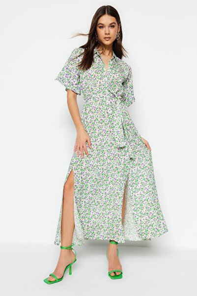 Trendyol Collection Fioletowa sukienka maxi z wiskozowym nadrukiem w kwiaty i paskiem TWOSS19EL0094
