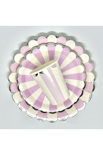Mare Karnaval Striped Silver Gilded Lilac White Cardboard Party Plate 8 Pieces-23cm