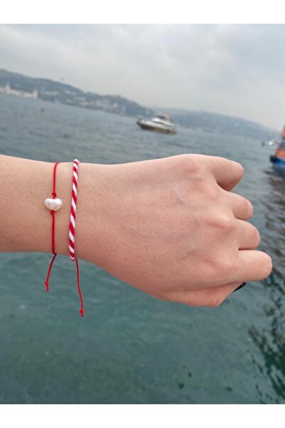 sema aksesuar Set of 2 Red Bracelets with Pearls and Marteniçka Red and White Lucky Bracelet - Wish March Thread