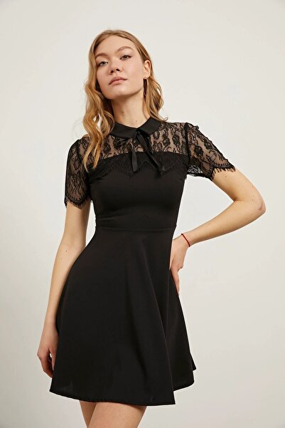 İKLİM LİFE Omuz Dantelli Mini Elbise
