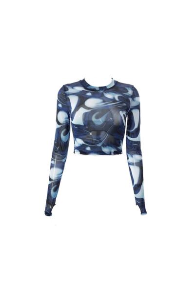 Bavero Soyut Desenli Transparan Crop Top