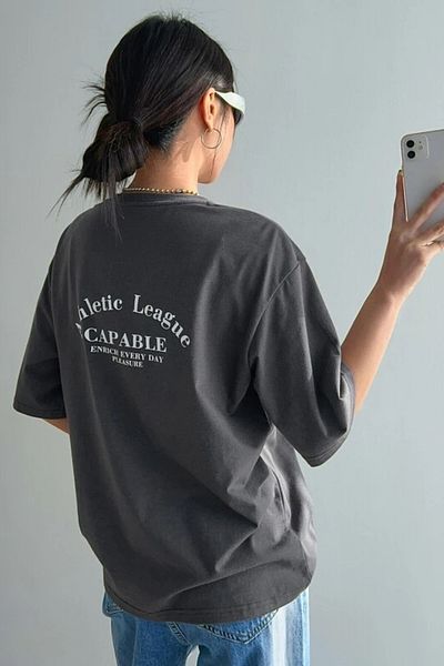 MODAGEN Women's Stone Gray Athletic League Back Printed Oversize T-shirt
